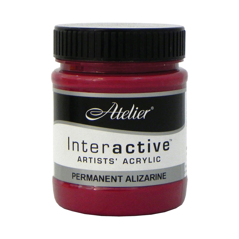 Chroma Atelier Interactive Permanent Alizarine 250ml jar on its own, black screw lid, front label reading Atelier, Interactive Artists' Acrylic and Permanent Alizarine
