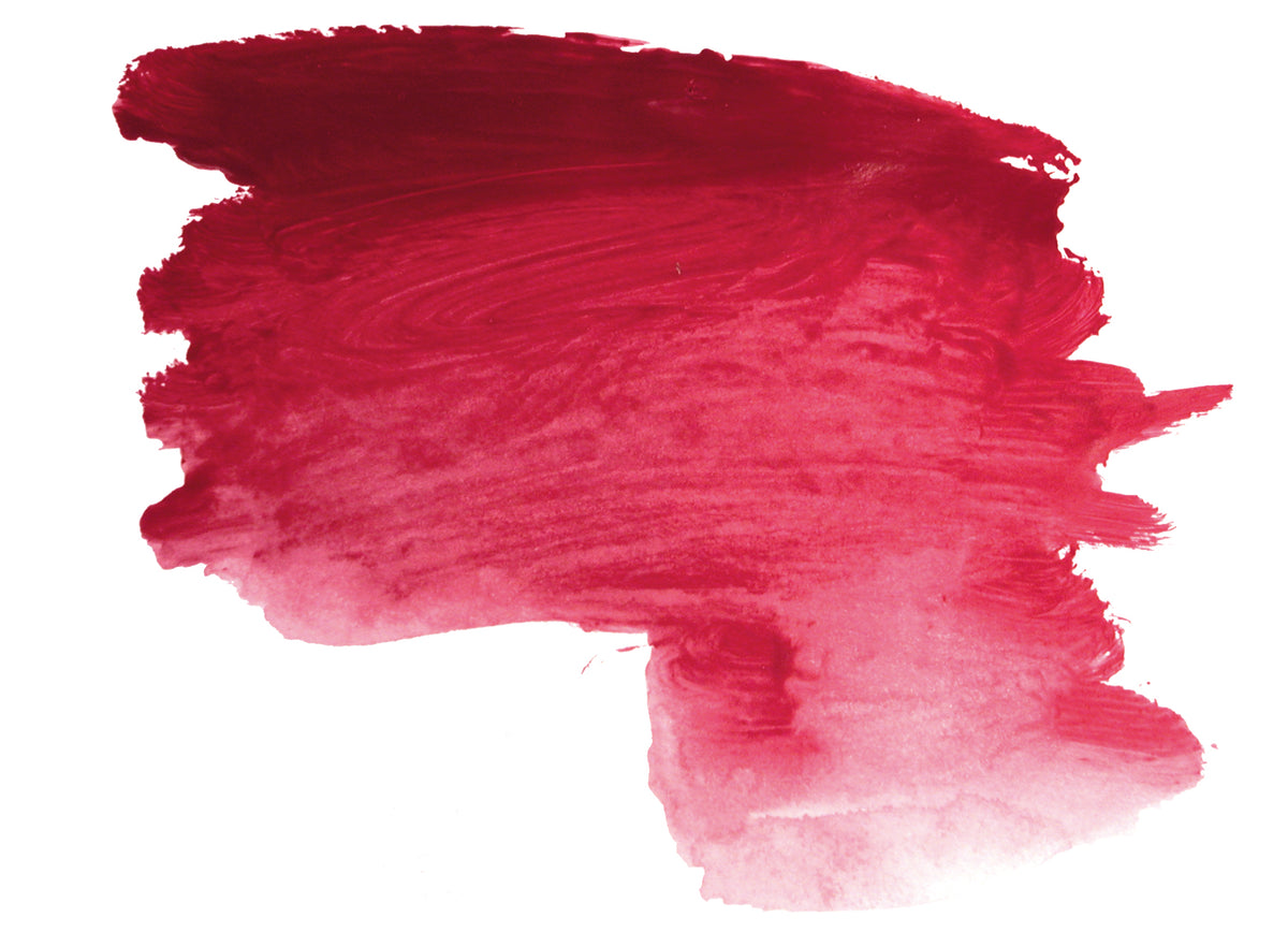 Brush-out swatch of Chroma Atelier Interactive Permanent Alizarine acrylic paint showing a raspberry crimson that fades to bright pink