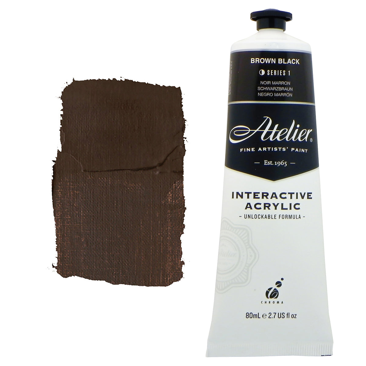 Chroma Atelier Interactive Acrylic Paint 80ml Brown Black: tube with black label band beside a painted swatch of chocolate-brown dark