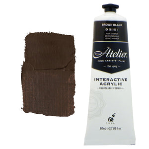Chroma Atelier Interactive Acrylic Paint 80ml Brown Black: tube with black label band beside a painted swatch of chocolate-brown dark