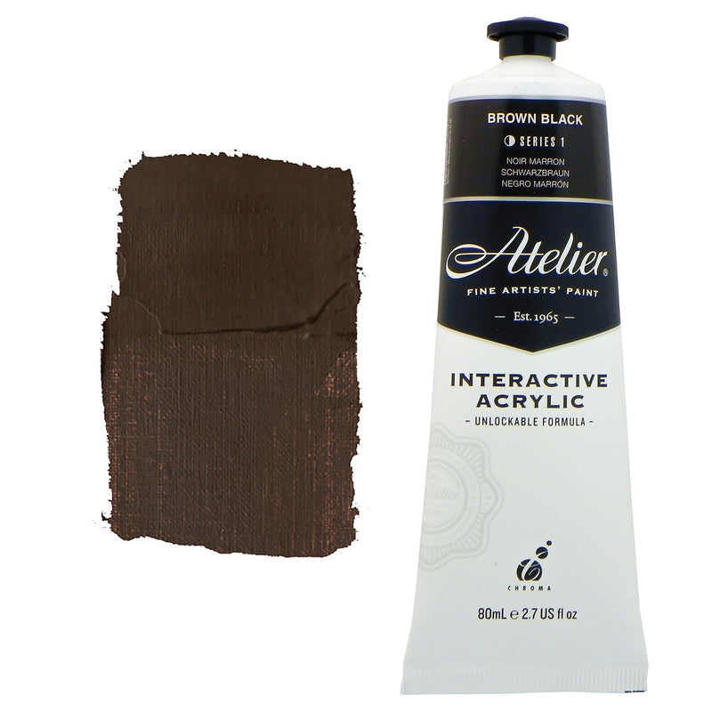 Chroma Atelier Interactive Acrylic Paint 80ml Brown Black: tube with black label band beside a painted swatch of chocolate-brown dark