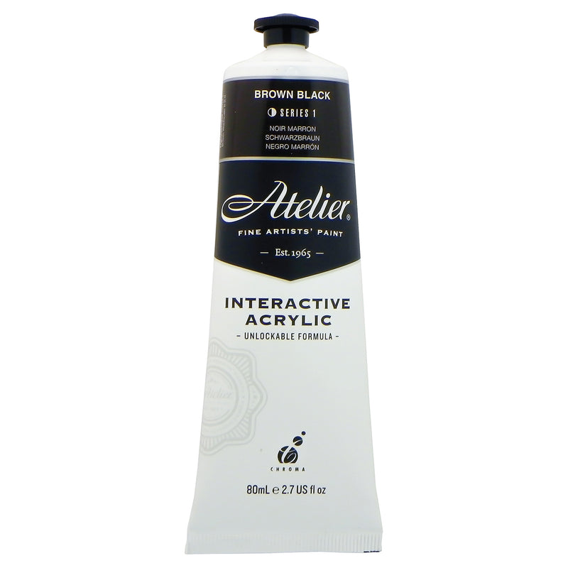 Chroma Atelier Interactive Brown Black 80ml tube, front label showing BROWN BLACK, Series 1 and Interactive Acrylic, Unlockable Formula