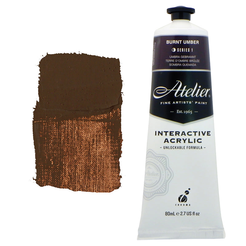 Chroma Atelier Interactive Acrylic Paint 80ml Burnt Umber: tube with deep brown-black label band beside a painted swatch of deep umber brown