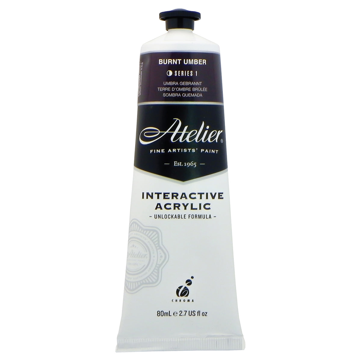 Chroma Atelier Interactive Burnt Umber 80ml tube, front label showing BURNT UMBER, Series 1 and Interactive Acrylic, Unlockable Formula