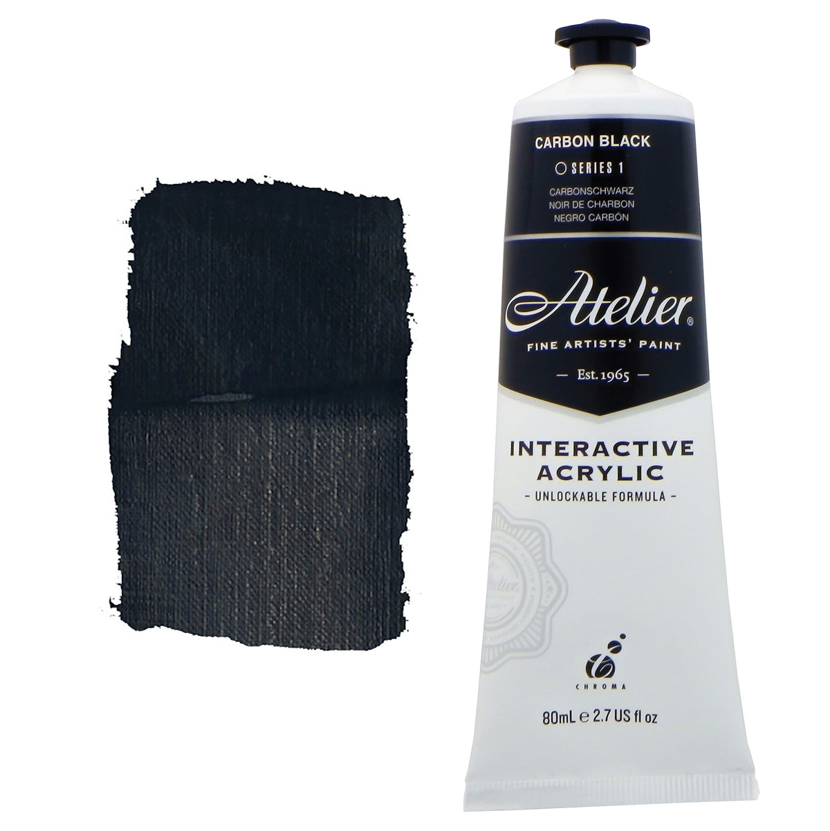 Chroma Atelier Interactive Acrylic Paint 80ml Carbon Black: tube with black label band beside a painted swatch of cool dense black