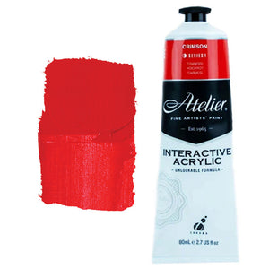 Chroma Atelier Interactive Acrylic Paint 80ml Crimson: tube with bright red label band beside a painted swatch of clean strong red