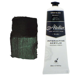 Chroma Atelier Interactive Acrylic Paint 80ml Green Black: tube with black label band beside a painted swatch of green-tinged black