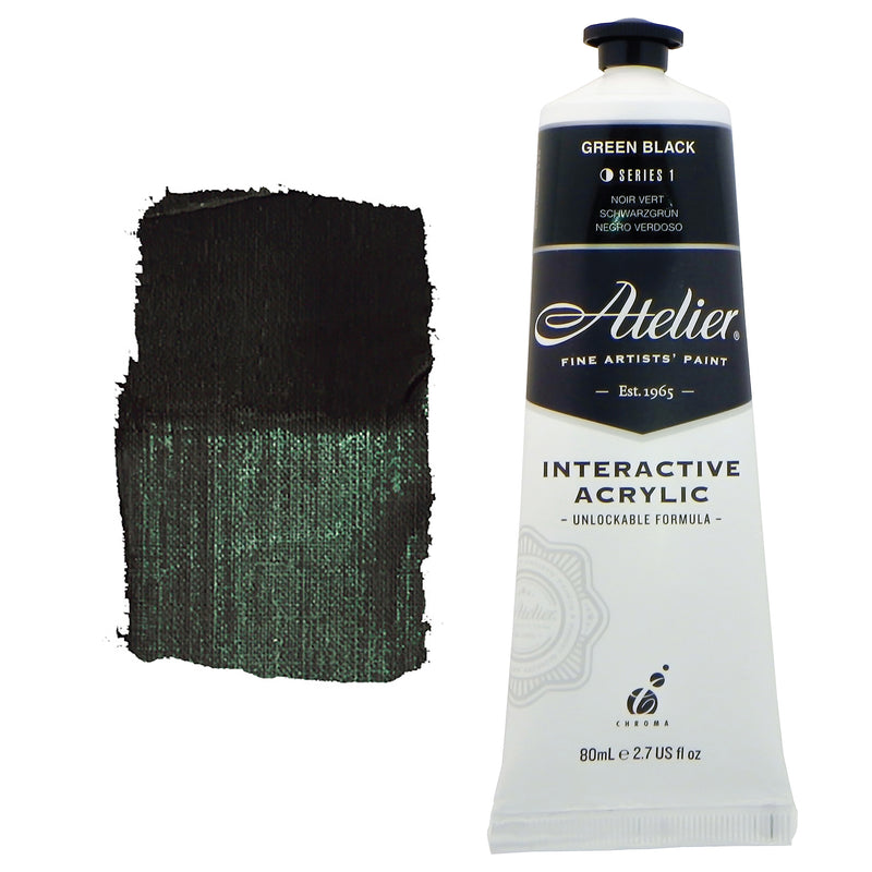 Chroma Atelier Interactive Acrylic Paint 80ml Green Black: tube with black label band beside a painted swatch of green-tinged black