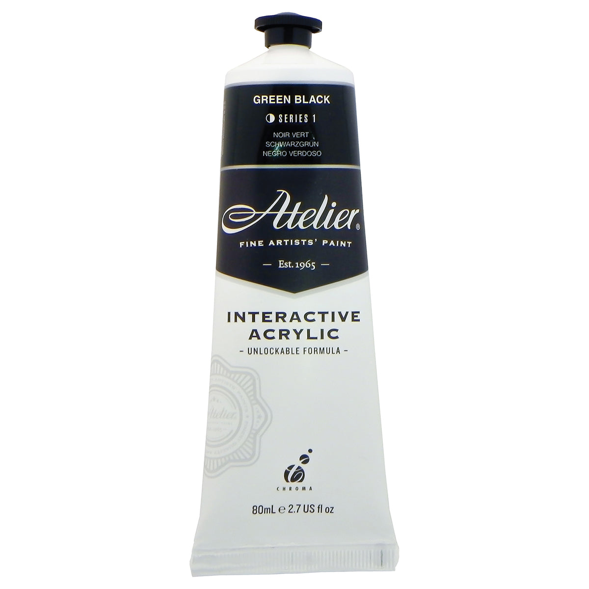 Chroma Atelier Interactive Green Black 80ml tube, front label showing GREEN BLACK, Series 1 and Interactive Acrylic, Unlockable Formula