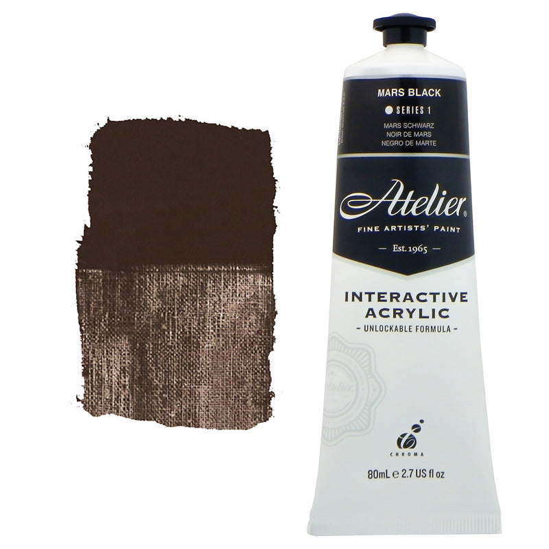 Chroma Atelier Interactive Acrylic Paint 80ml Mars Black: tube with black label band beside a painted swatch of brown-leaning black