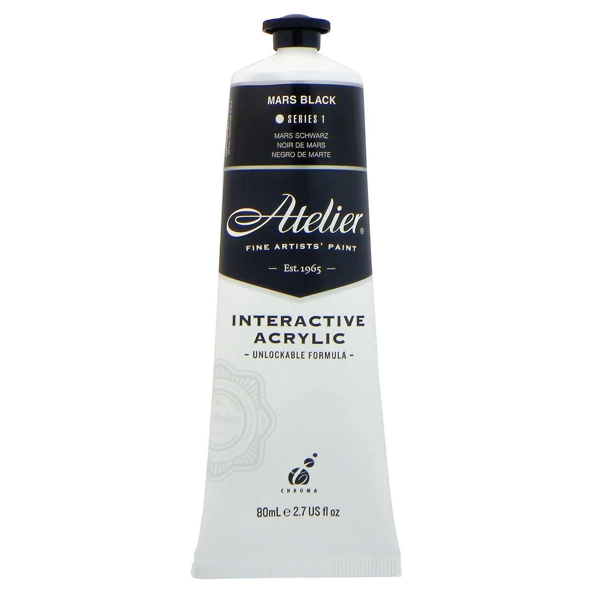 Chroma Atelier Interactive Mars Black 80ml tube, front label showing MARS BLACK, Series 1 and Interactive Acrylic, Unlockable Formula