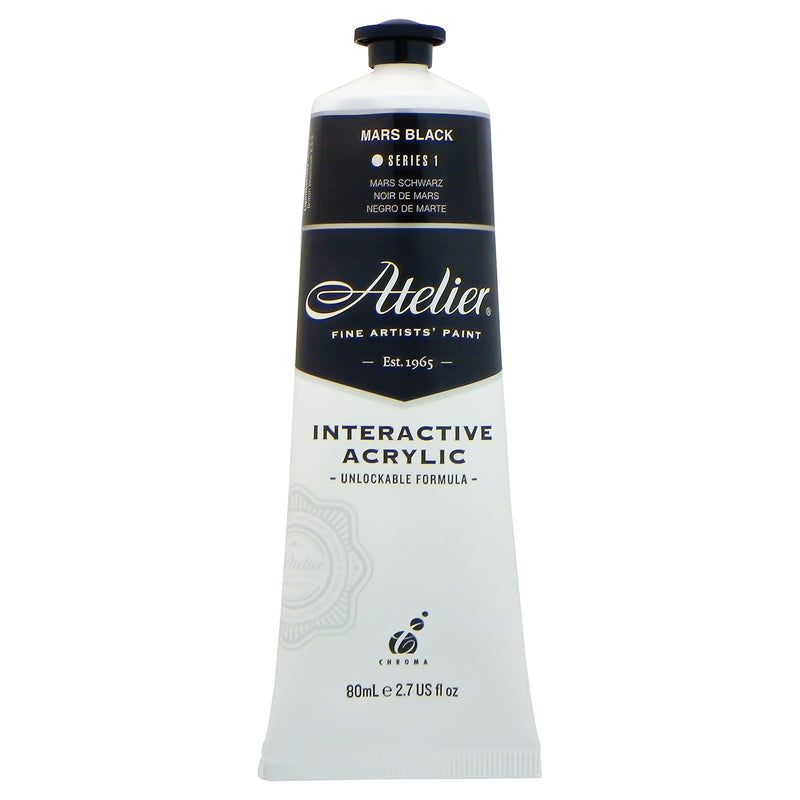 Chroma Atelier Interactive Mars Black 80ml tube, front label showing MARS BLACK, Series 1 and Interactive Acrylic, Unlockable Formula