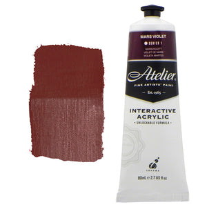 Chroma Atelier Interactive Acrylic Paint 80ml Mars Violet: tube with deep plum label band beside a painted swatch of plum-tinted earth