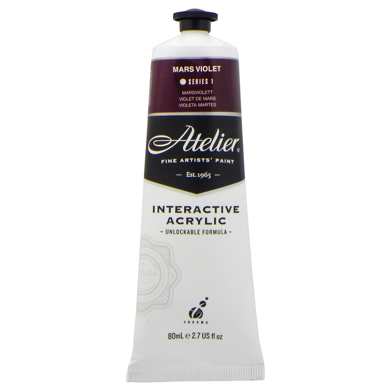 Chroma Atelier Interactive Mars Violet 80ml tube, front label showing MARS VIOLET, Series 1 and Interactive Acrylic, Unlockable Formula