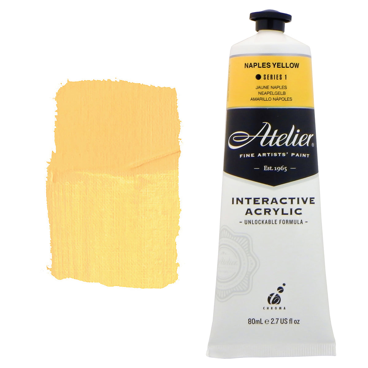 Chroma Atelier Interactive Acrylic Paint 80ml Naples Yellow: tube with yellow label band beside a painted swatch of buttery pale yellow