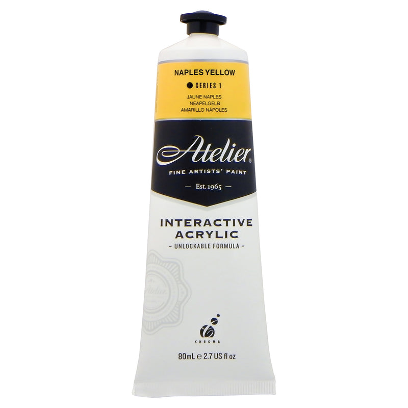 Chroma Atelier Interactive Naples Yellow 80ml tube, front label showing NAPLES YELLOW, Series 1 and Interactive Acrylic, Unlockable Formula