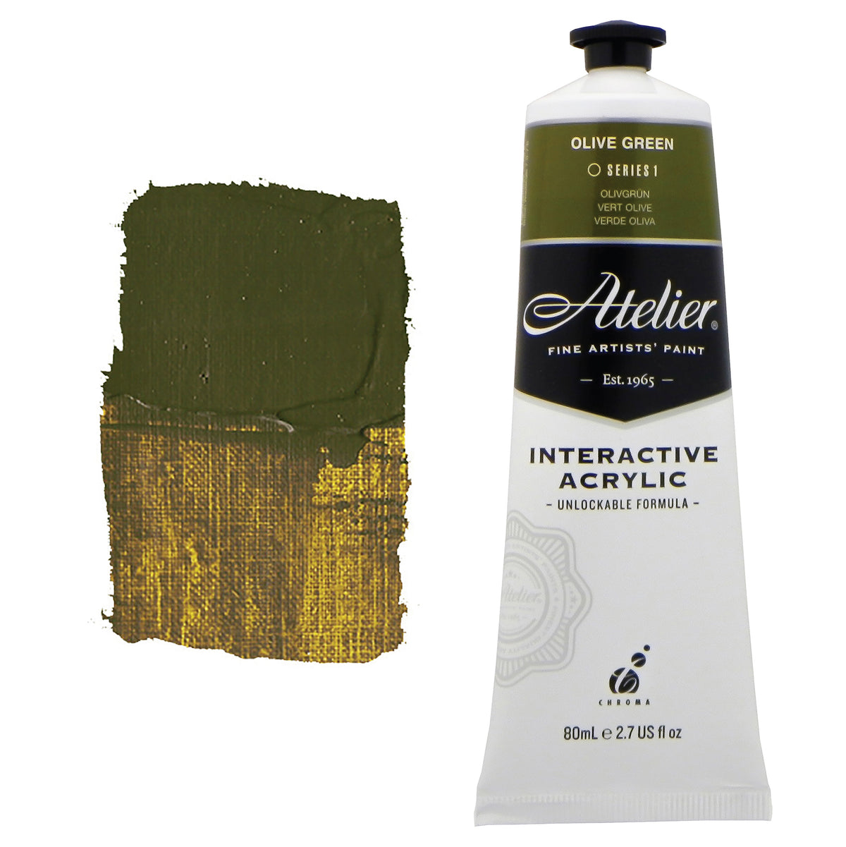 Chroma Atelier Interactive Acrylic Paint 80ml Olive Green: tube with olive label band beside a painted swatch of khaki olive