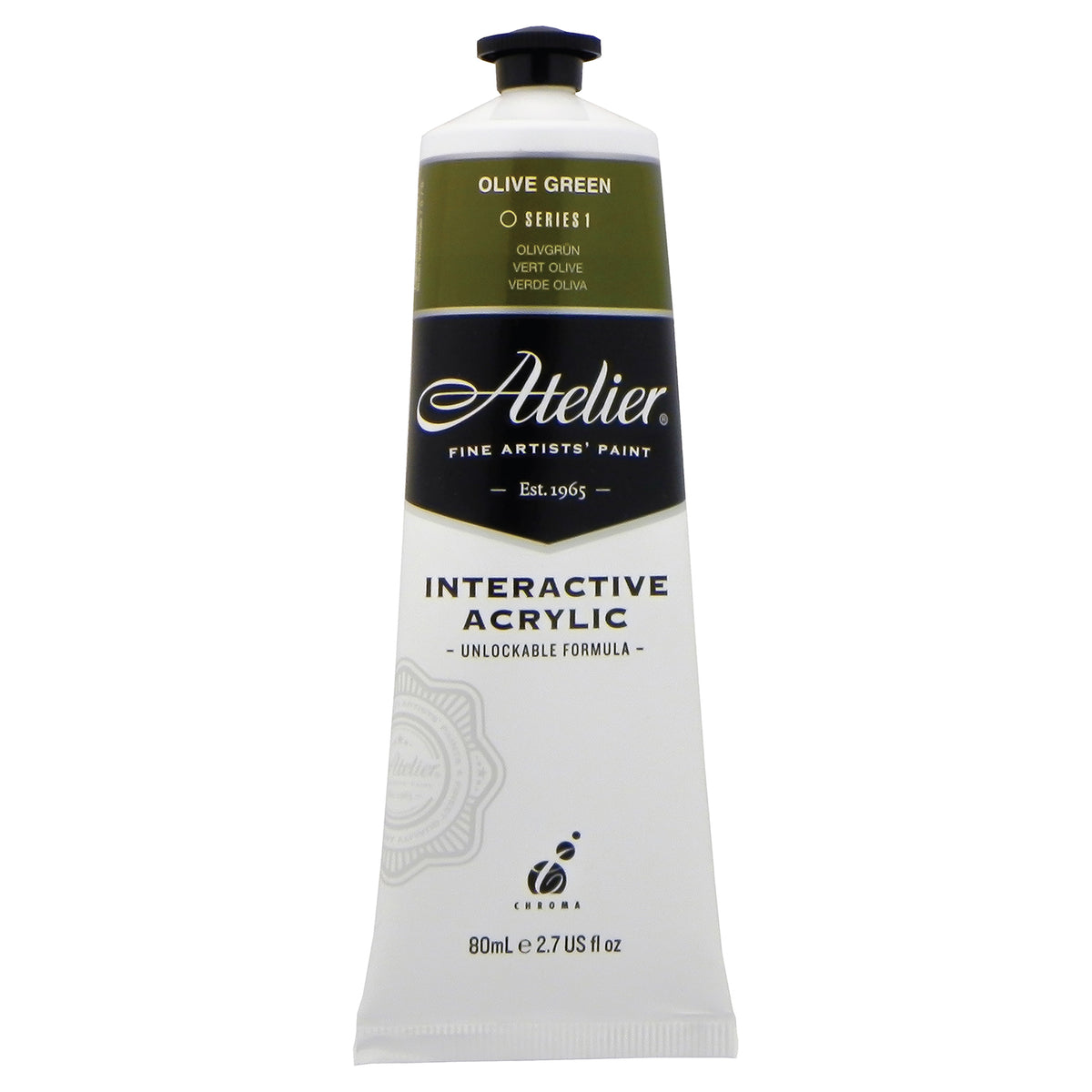 Chroma Atelier Interactive Olive Green 80ml tube, front label showing OLIVE GREEN, Series 1 and Interactive Acrylic, Unlockable Formula