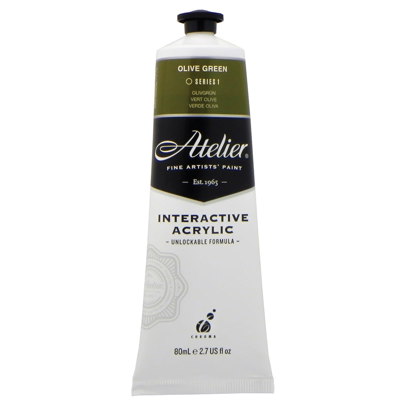 Chroma Atelier Interactive Olive Green 80ml tube, front label showing OLIVE GREEN, Series 1 and Interactive Acrylic, Unlockable Formula