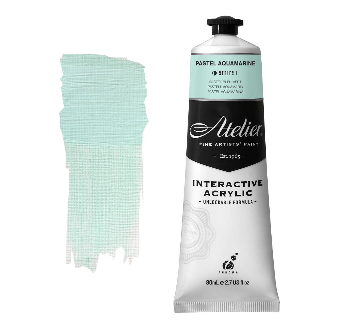 Chroma Atelier Interactive Acrylic Paint 80ml Pastel Aquamarine: tube with a soft mint colour band beside a painted swatch of a soft, pale minty sea green