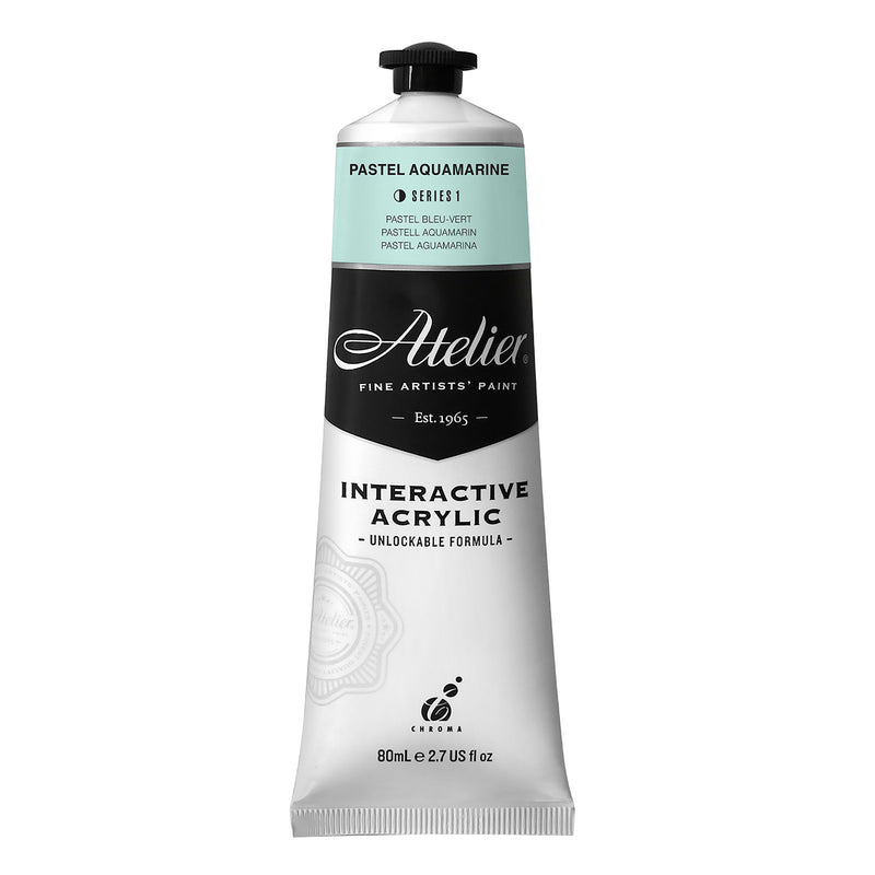 Chroma Atelier Interactive Acrylic Paint 80ml Pastel Aquamarine: front of the tube showing the soft mint band, Series 1 and the Interactive Acrylic Unlockable Formula label