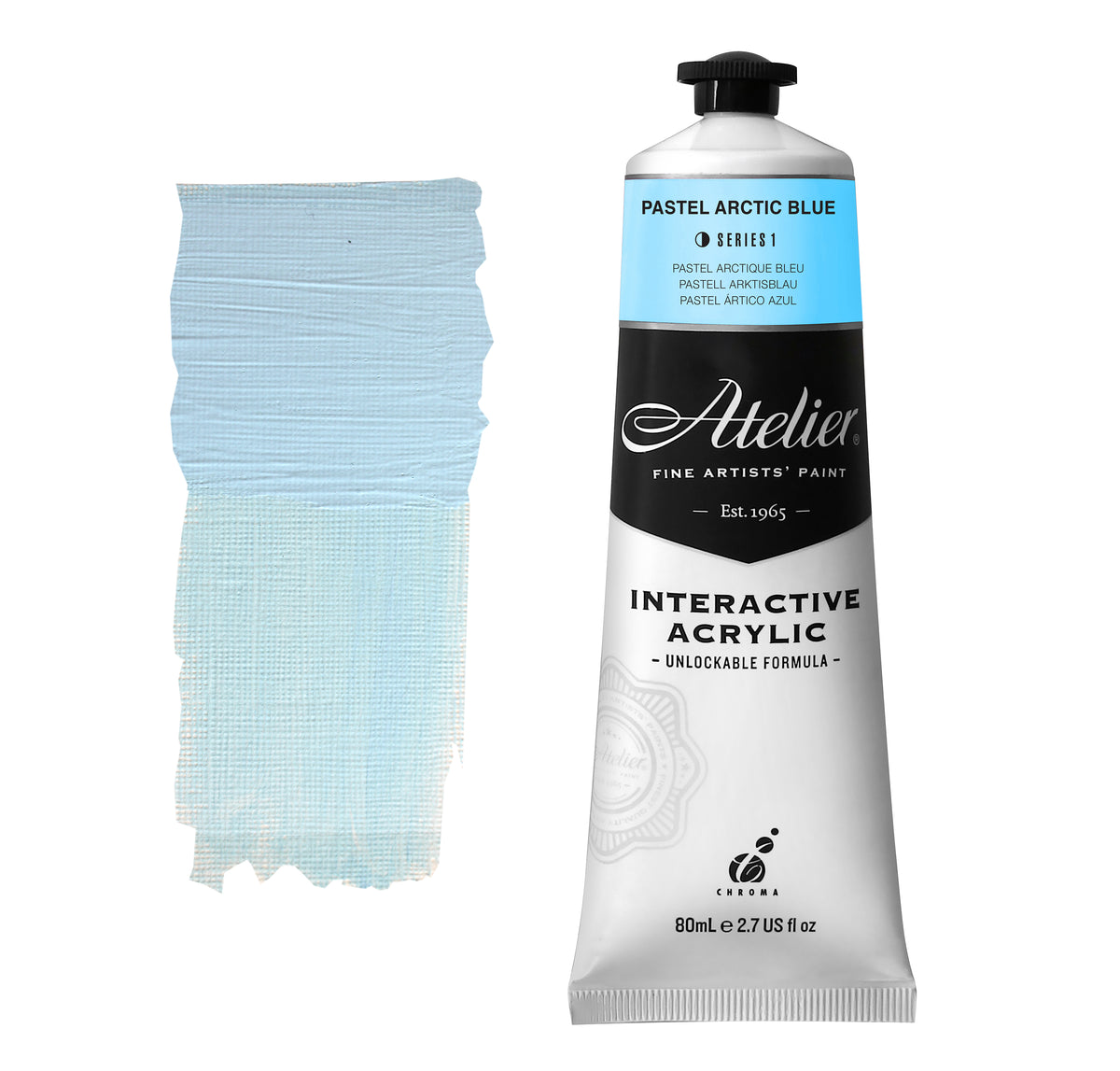 Chroma Atelier Interactive Acrylic Paint 80ml Pastel Arctic Blue: tube with a pale sky blue colour band beside a painted swatch of a pale, icy blue