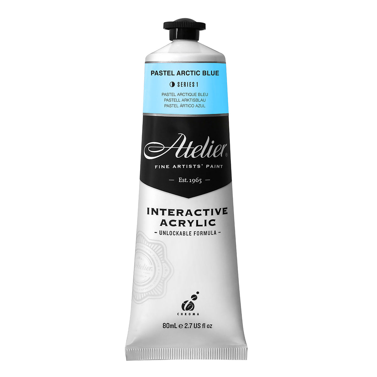 Chroma Atelier Interactive Acrylic Paint 80ml Pastel Arctic Blue: front of the tube showing the pale sky blue band, Series 1 and the Interactive Acrylic Unlockable Formula label