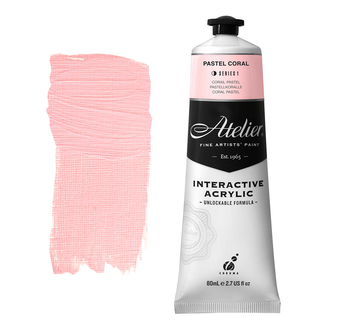 Chroma Atelier Interactive Acrylic Paint 80ml Pastel Coral: tube with a peach pink colour band beside a painted swatch of a soft, peachy pink