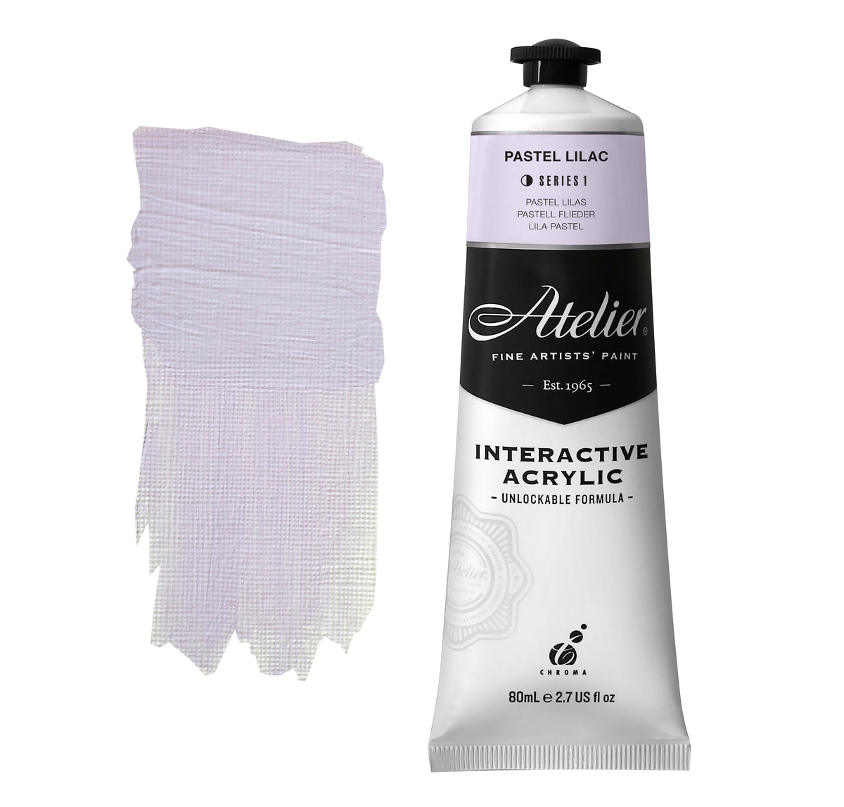 Chroma Atelier Interactive Acrylic Paint 80ml Pastel Lilac: tube with a pale lavender colour band beside a painted swatch of a pale, greyish lavender