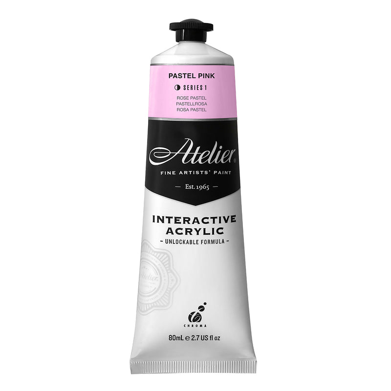 Chroma Atelier Interactive Acrylic Paint 80ml Pastel Pink: front of the tube showing the candy pink band, Series 1 and the Interactive Acrylic Unlockable Formula label