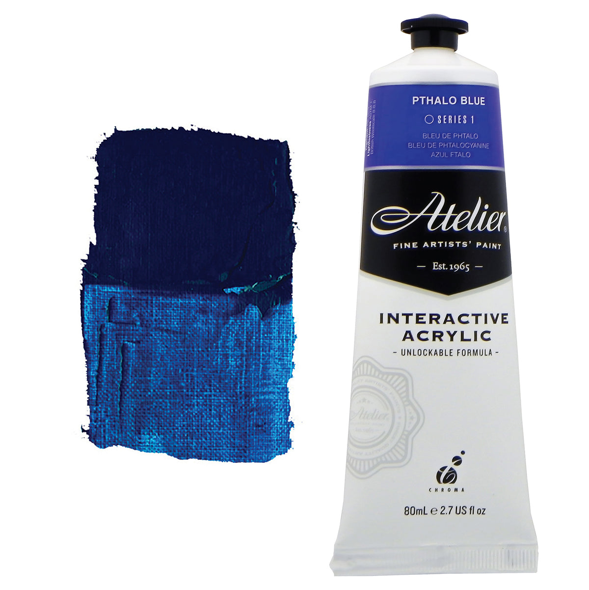 Chroma Atelier Interactive Acrylic Paint 80ml Phthalo Blue: tube with royal blue label band beside a painted swatch of vivid phthalo blue
