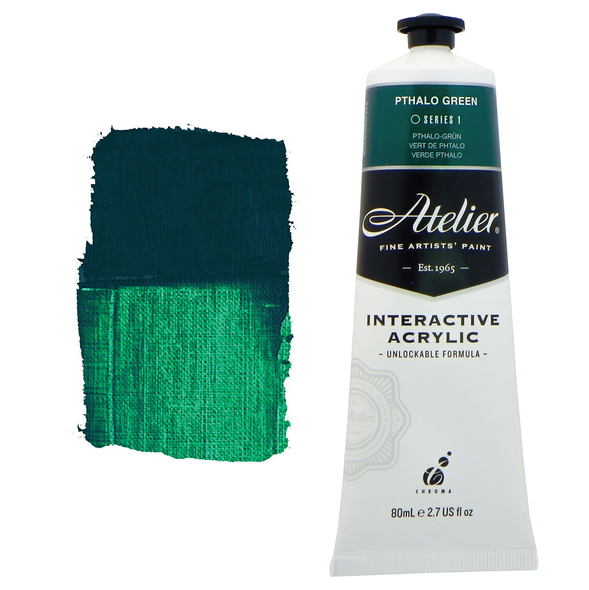 Chroma Atelier Interactive Acrylic Paint 80ml Phthalo Green: tube with teal green label band beside a painted swatch of emerald blue-green