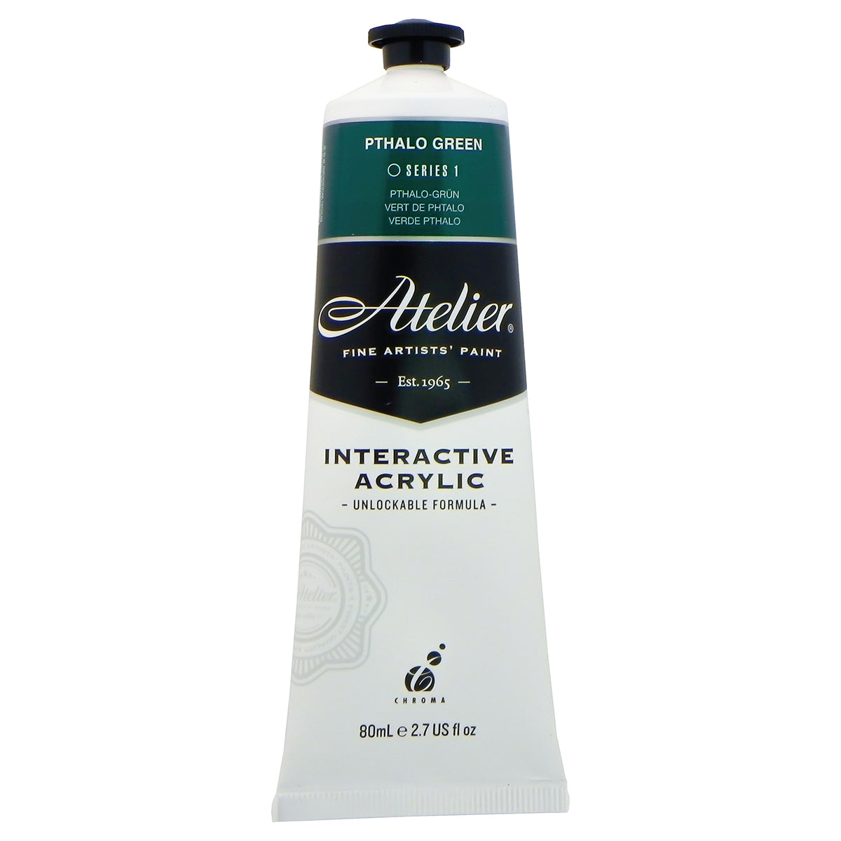 Chroma Atelier Interactive Phthalo Green 80ml tube, front label showing PTHALO GREEN, Series 1 and Interactive Acrylic, Unlockable Formula