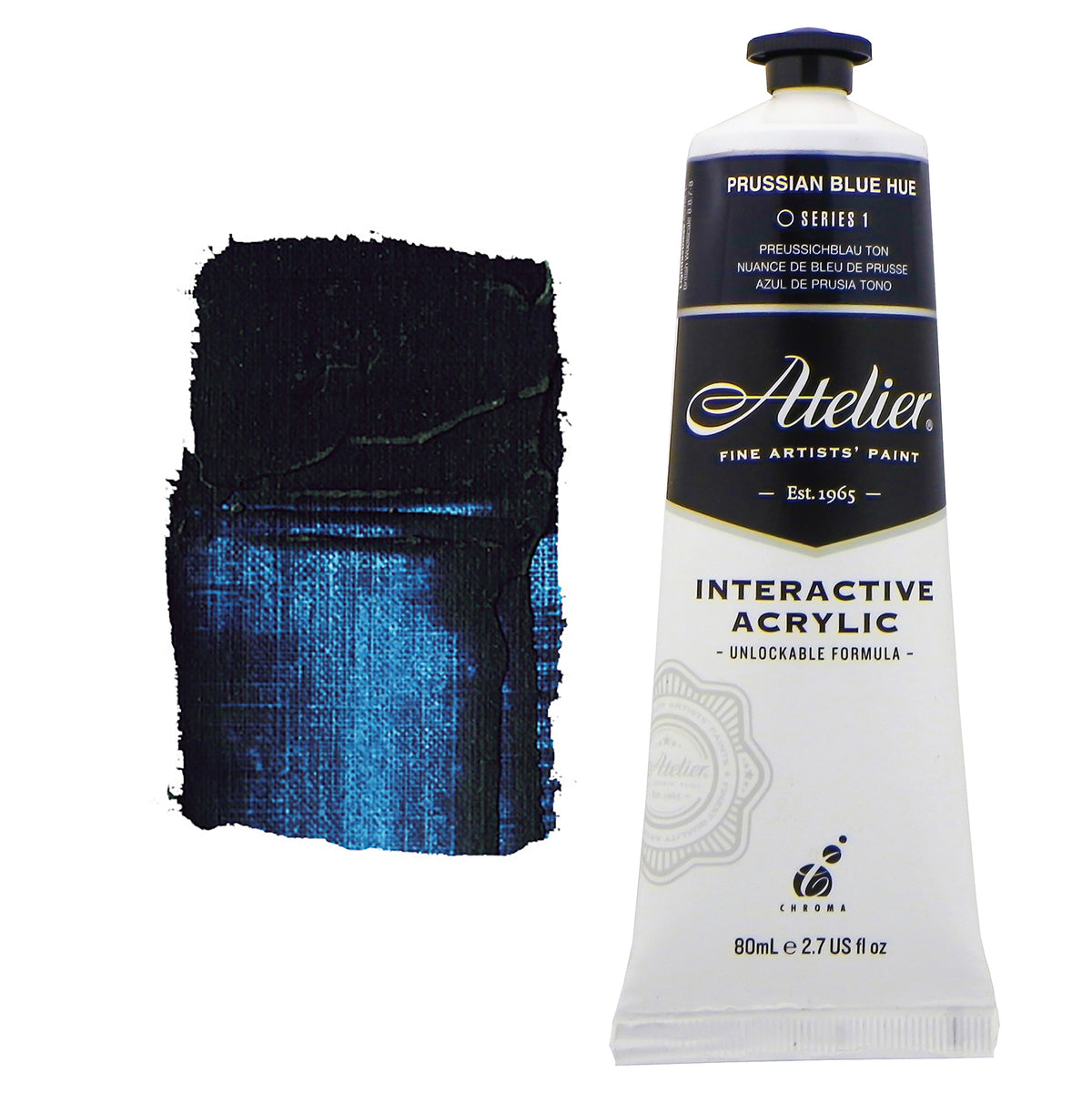 Chroma Atelier Interactive Acrylic Paint 80ml Prussian Blue Hue: tube with navy-black label band beside a painted swatch of inky Prussian-type blue