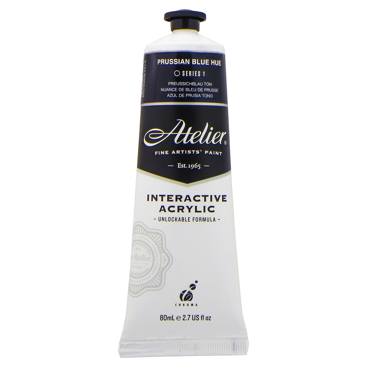 Chroma Atelier Interactive Prussian Blue Hue 80ml tube, front label showing PRUSSIAN BLUE HUE, Series 1 and Interactive Acrylic, Unlockable Formula