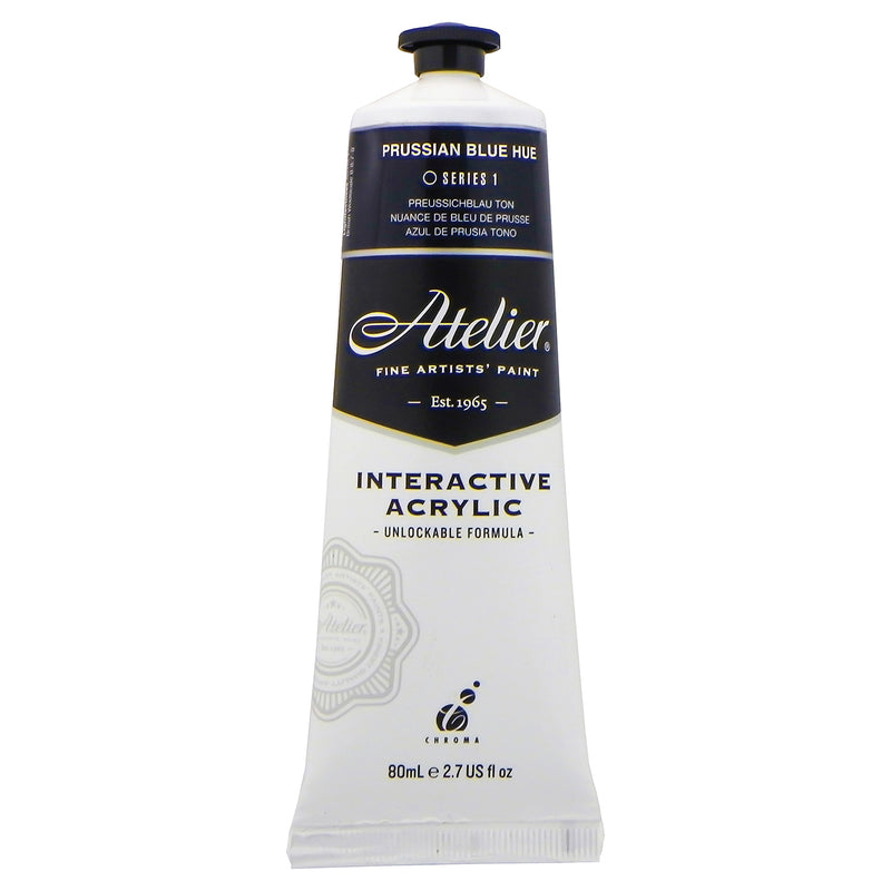 Chroma Atelier Interactive Prussian Blue Hue 80ml tube, front label showing PRUSSIAN BLUE HUE, Series 1 and Interactive Acrylic, Unlockable Formula