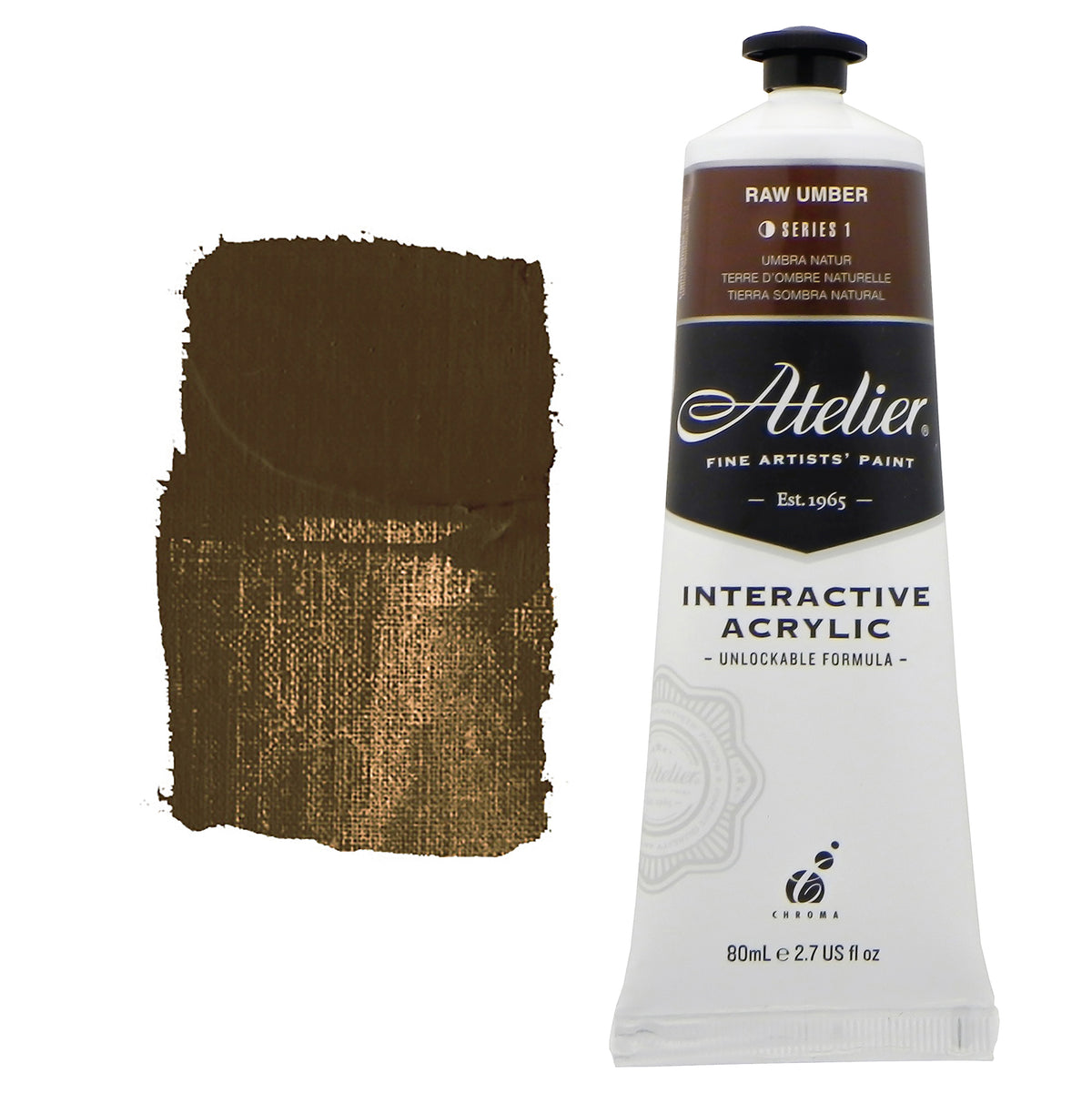 Chroma Atelier Interactive Acrylic Paint 80ml Raw Umber: tube with dark brown label band beside a painted swatch of cool olive-brown