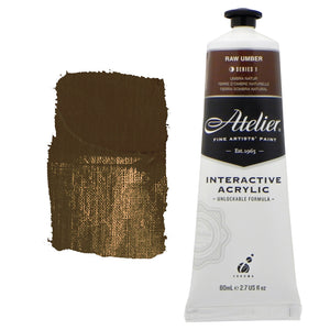 Chroma Atelier Interactive Acrylic Paint 80ml Raw Umber: tube with dark brown label band beside a painted swatch of cool olive-brown
