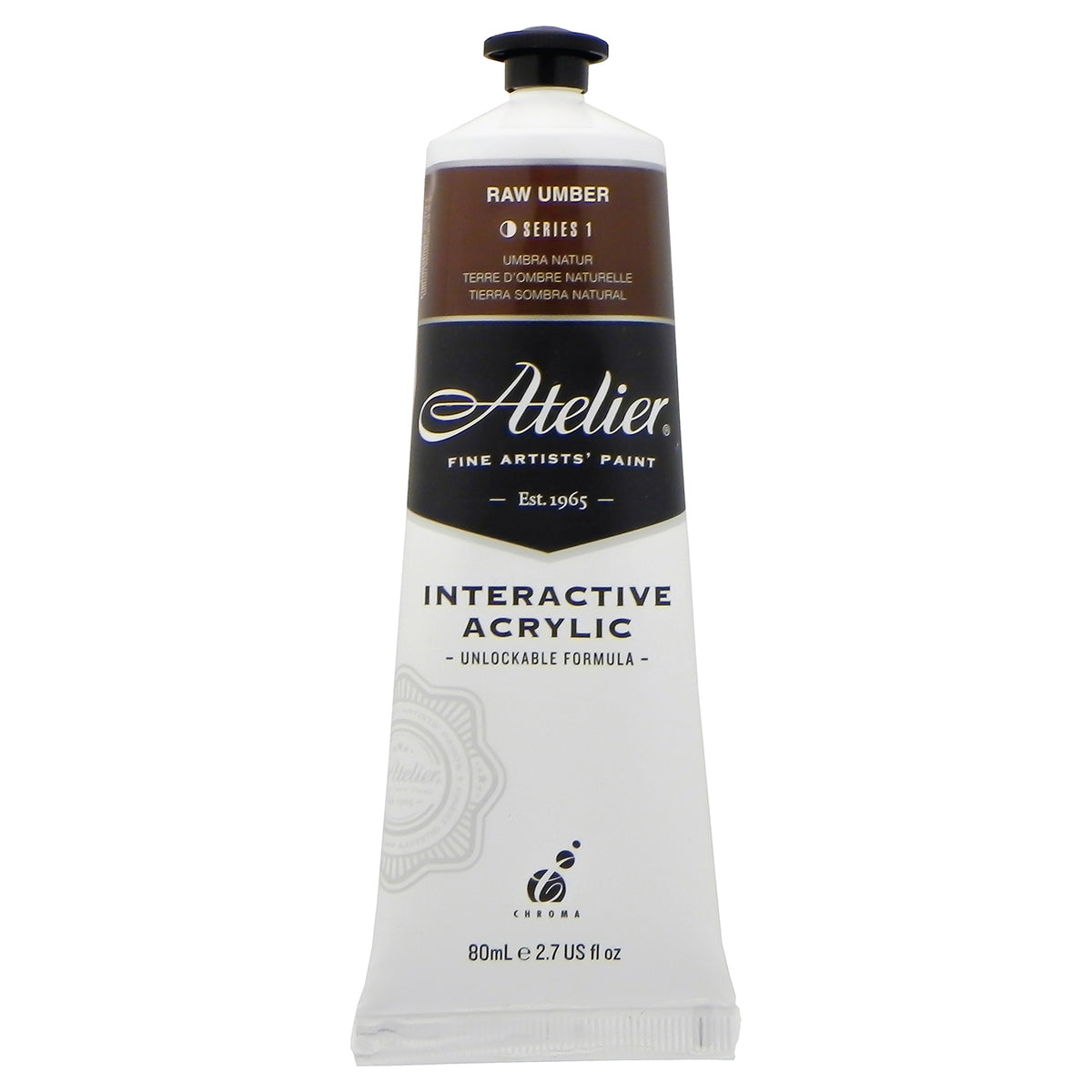 Chroma Atelier Interactive Raw Umber 80ml tube, front label showing RAW UMBER, Series 1 and Interactive Acrylic, Unlockable Formula