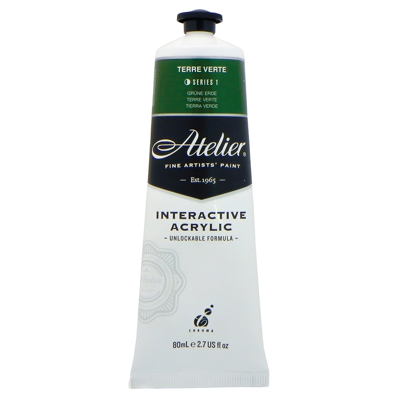 Chroma Atelier Interactive Terre Verte 80ml tube, front label showing TERRE VERTE, Series 1 and Interactive Acrylic, Unlockable Formula