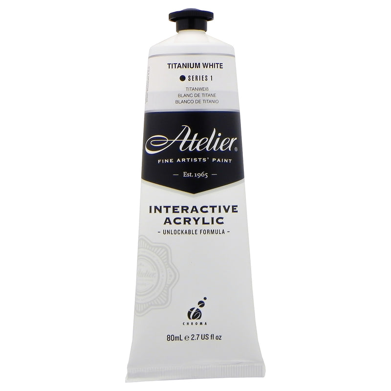 Chroma Atelier Interactive Titanium White 80ml tube, front label showing TITANIUM WHITE, Series 1 and Interactive Acrylic, Unlockable Formula