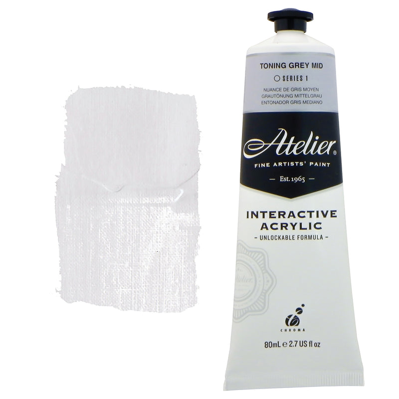 Chroma Atelier Interactive Acrylic Paint 80ml Toning Grey Mid: tube with pale grey label band beside a painted swatch of cool neutral grey
