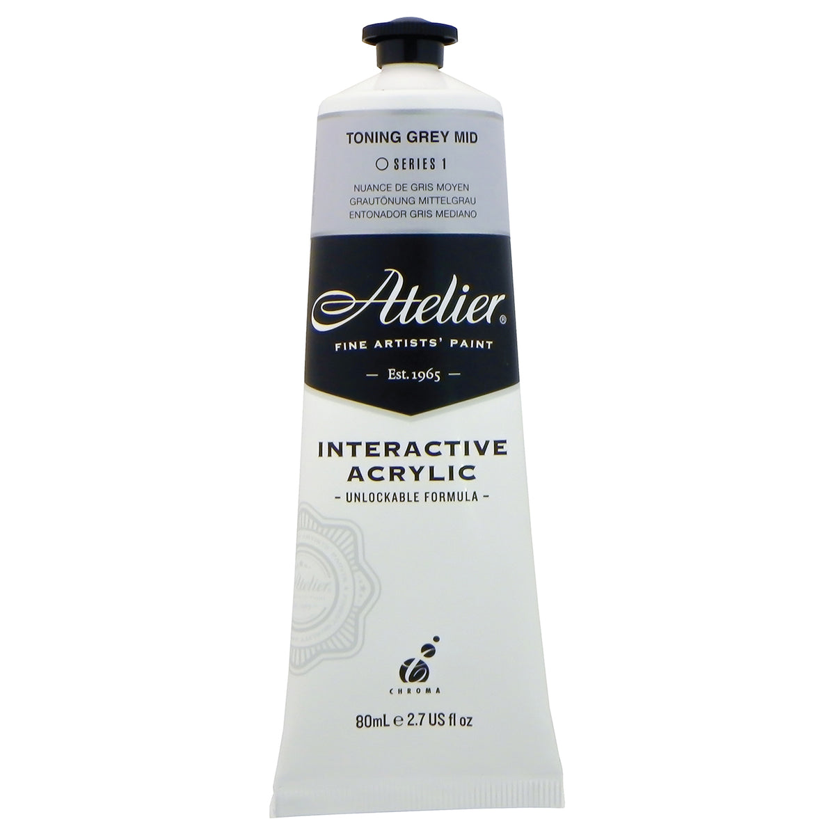 Chroma Atelier Interactive Toning Grey Mid 80ml tube, front label showing TONING GREY MID, Series 1 and Interactive Acrylic, Unlockable Formula