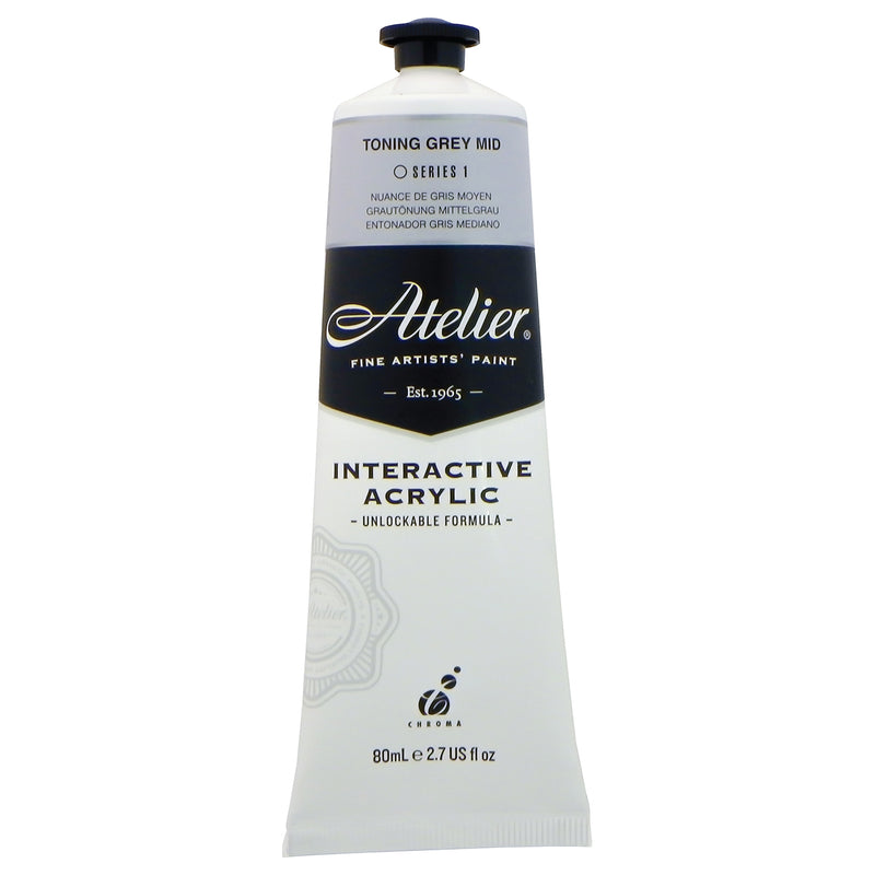Chroma Atelier Interactive Toning Grey Mid 80ml tube, front label showing TONING GREY MID, Series 1 and Interactive Acrylic, Unlockable Formula
