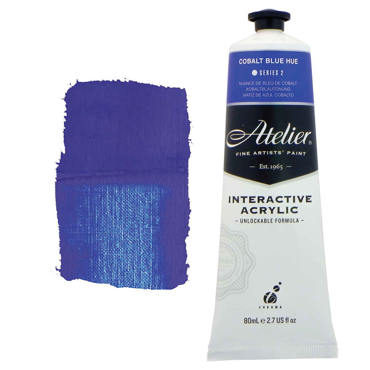 Chroma Atelier Interactive Acrylic Paint 80ml Cobalt Blue Hue: tube with blue label band beside a painted swatch of violet-leaning cobalt-type blue