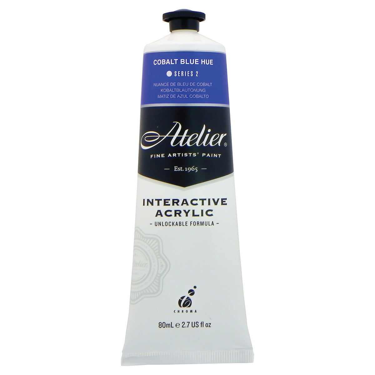 Chroma Atelier Interactive Cobalt Blue Hue 80ml tube, front label showing COBALT BLUE HUE, Series 2 and Interactive Acrylic, Unlockable Formula