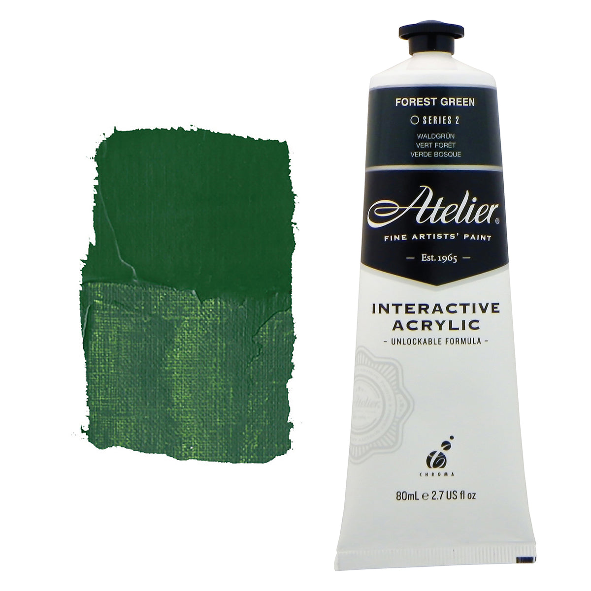 Chroma Atelier Interactive Acrylic Paint 80ml Forest Green: tube with black label band beside a painted swatch of deep evergreen