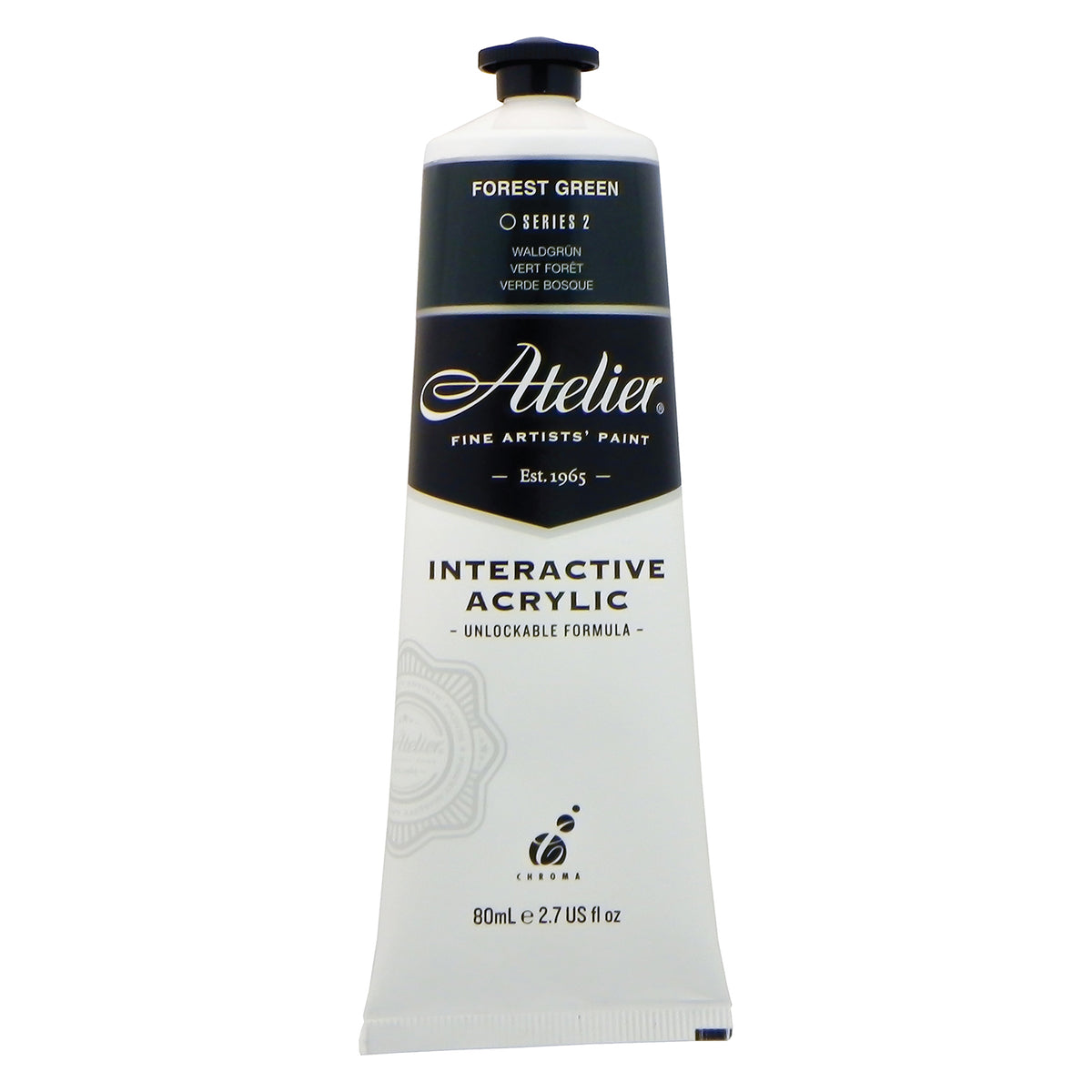 Chroma Atelier Interactive Forest Green 80ml tube, front label showing FOREST GREEN, Series 2 and Interactive Acrylic, Unlockable Formula