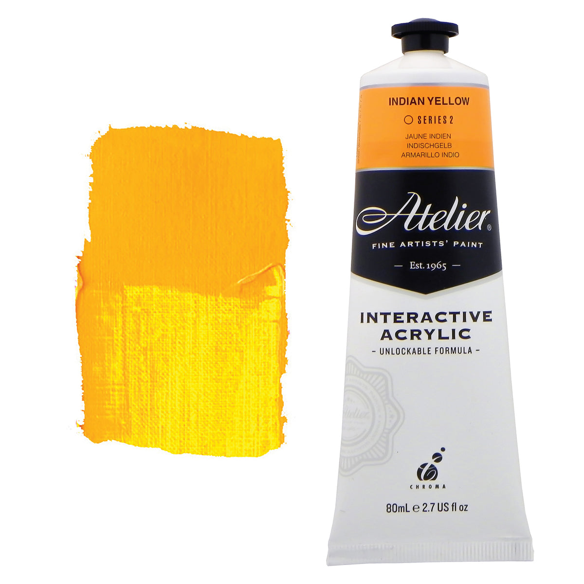 Chroma Atelier Interactive Acrylic Paint 80ml Indian Yellow: tube with orange label band beside a painted swatch of marigold yellow