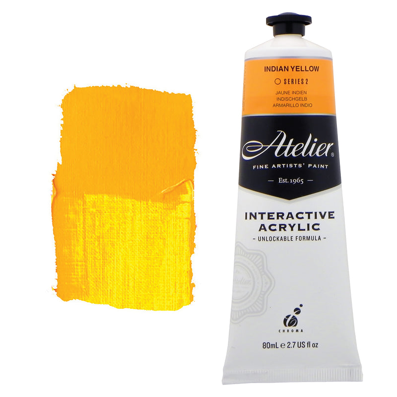 Chroma Atelier Interactive Acrylic Paint 80ml Indian Yellow: tube with orange label band beside a painted swatch of marigold yellow
